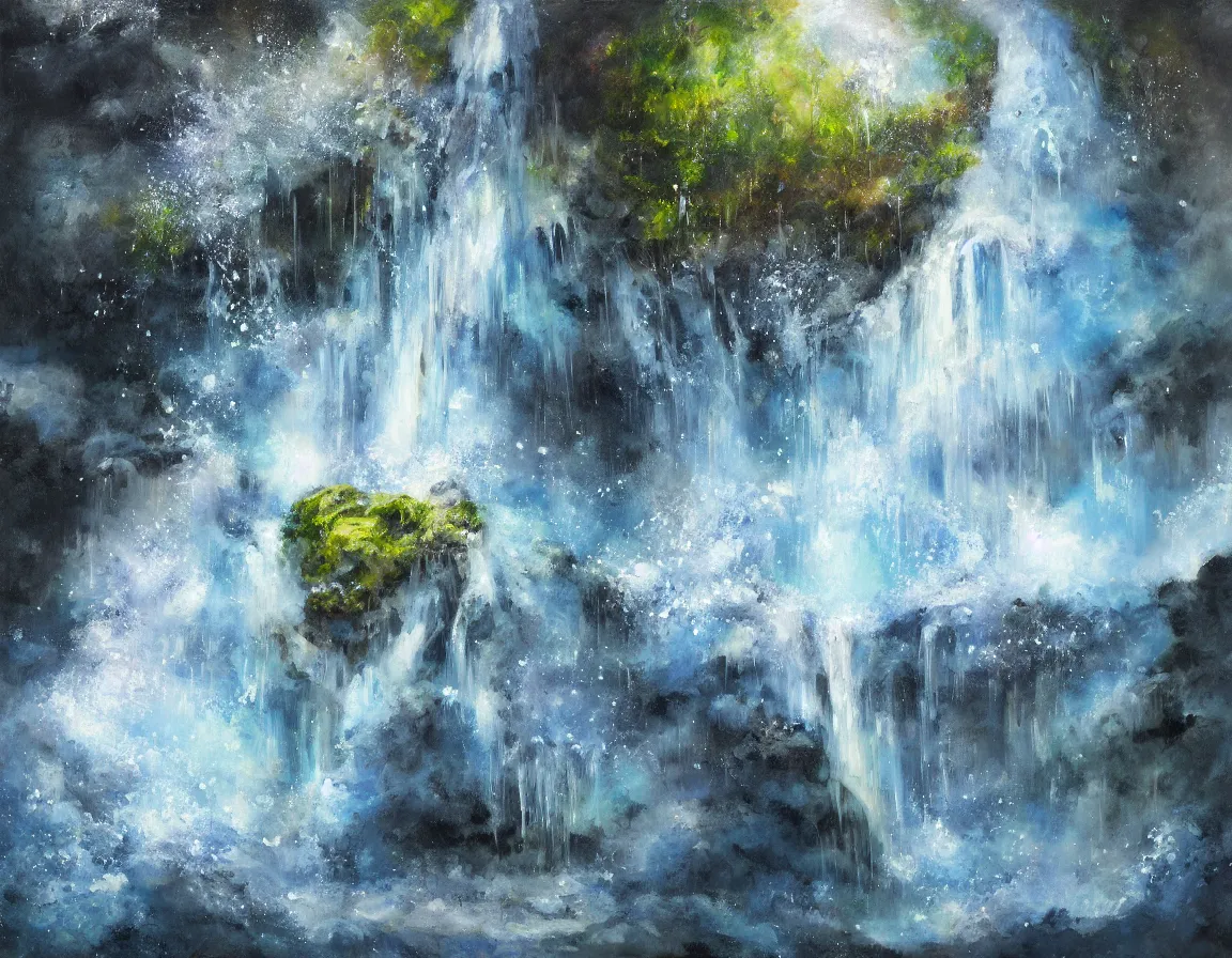 Image similar to hyper realistic oil painting of little sphere planet frozen, with waterfall, floating in the air, hd, hdr, by stanisław wyspianski, ultra detailed, high resolution