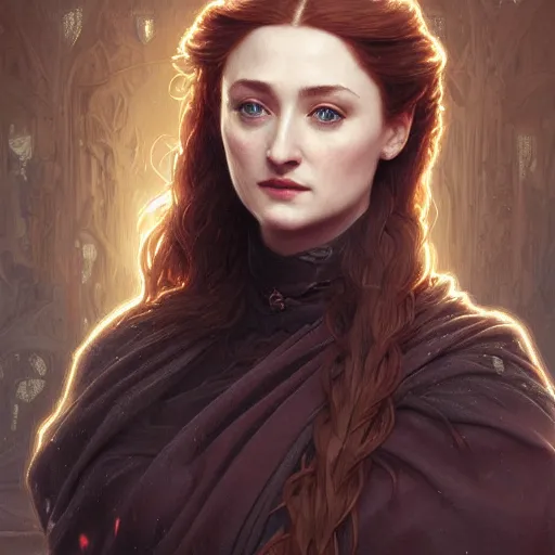 Prompt: portrait of sansa stark, intricate, elegant, highly detailed, digital painting, artstation, concept art, smooth, sharp focus, illustration, art by artgerm and greg rutkowski and alphonse mucha and william - adolphe bouguereau