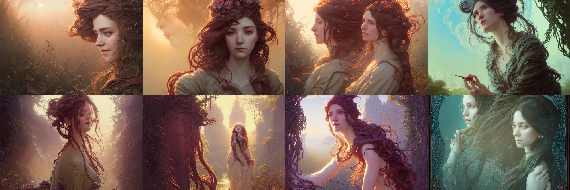 Image similar to highly detailed portrait of a woman with long hairs, stephen bliss, unreal engine, fantasy art by greg rutkowski, art nouveau, loish, rhads, ferdinand knab, makoto shinkai and lois van baarle, ilya kuvshinov, rossdraws, tom bagshaw, alphonse mucha, global illumination, radiant light, detailed and intricate environment