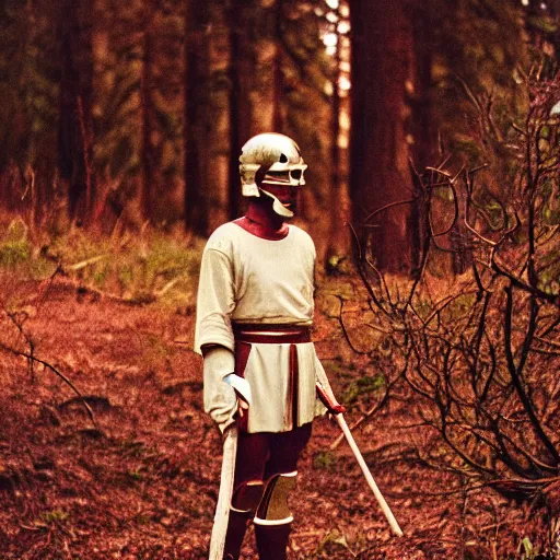 Image similar to close up kodak portra 4 0 0 photograph of a roman legimeer after the battle standing in dark forest, moody lighting, telephoto, 9 0 s vibe, blurry background, vaporwave colors, faded