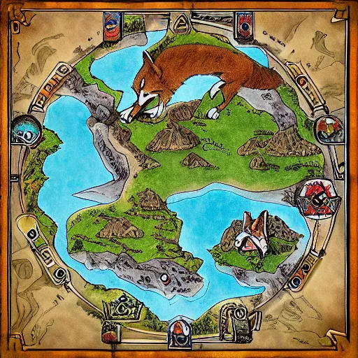 Prompt: dungeons and dragons map that looks like a fox, early 2000s artwork