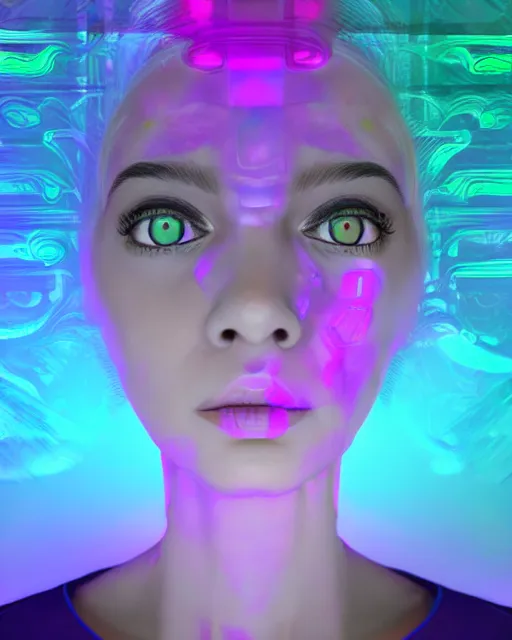 Image similar to a glitch art character portrait of female psychic a. i. manifesting into reality trending on artstation deviantart pinterest detailed realistic hd 8 k high resolution