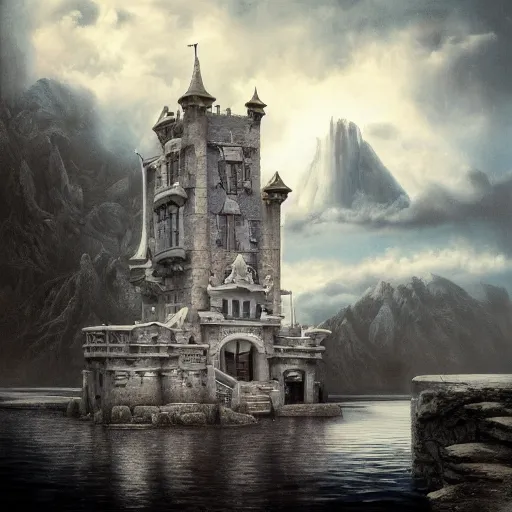 Image similar to a photorealistic painting of a White Castle in the sky, a detailed matte painting by Ansel Adams, vampire bats, lake, Luminescent, Bismuth, Daz 3D, behance contest winner, fantasy art, matte painting, matte drawing, storybook illustration