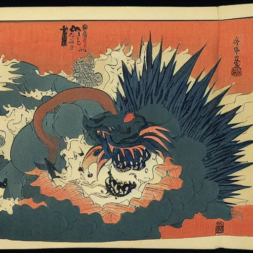 Prompt: repressed monsters and yokai of the imagination break free in a fiery revolution, by Hokusai