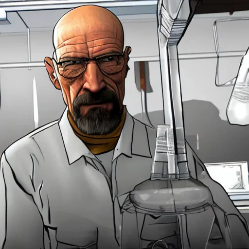 Image similar to gordon freeman as walter white synthesizing xen crystals in a meth lab