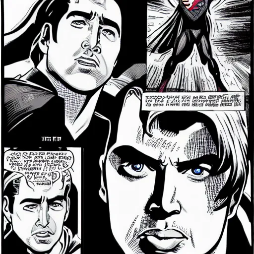 Prompt: Nicholas Cage as Superman comic book. Detailed face Marvel comics art style. Halftone