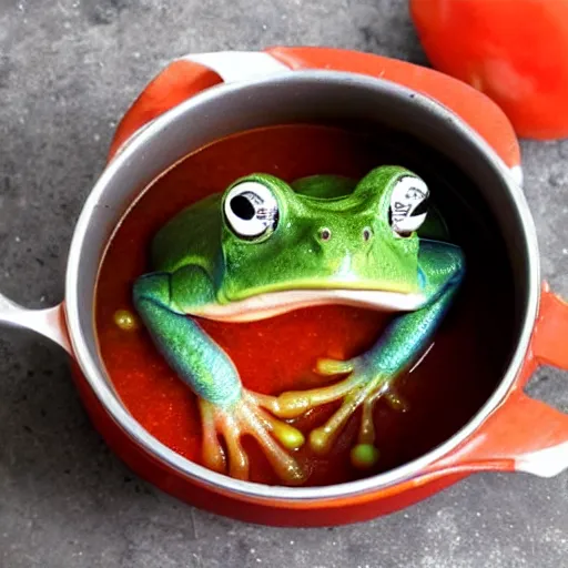 Image similar to a frog emerging from a pot of tomato soup, frog soup, recipe photo