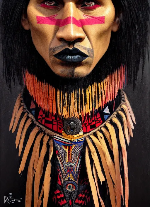 Image similar to portrait of an indigenous man with a crooked nose and a confident expression, 1 9 6 0 s, black clothes, goth, punk, brightly coloured hair, funk, intricate, elegant, highly detailed, digital painting, artstation, concept art, smooth, sharp focus, illustration, art by wlop, mars ravelo and greg rutkowski