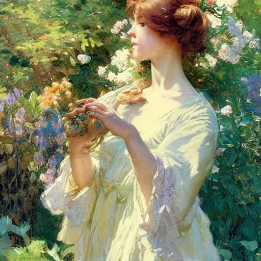 Prompt: a detailed sunny garden portrait of am angelic anime girl, eyes closed, painting by gaston bussiere, craig mullins, j. c. leyendecker