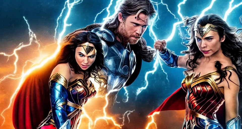 Prompt: thor, vs., wonder woman, cinematic movie scene, epic fight, blue lightning, yellow lightning, photo