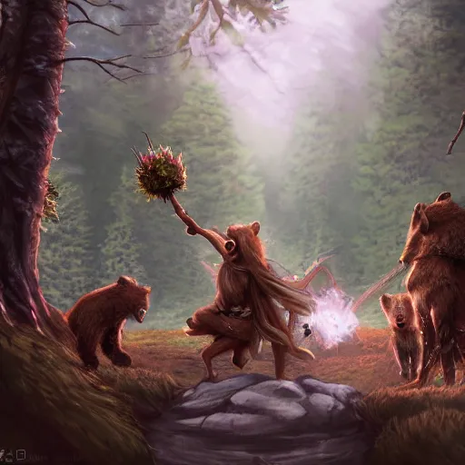 Prompt: elven druid summoning bears in the forest, d & d inspired, trending on artstation, ultra fine detailed, hyper detailed, hd, concept art, digital painting