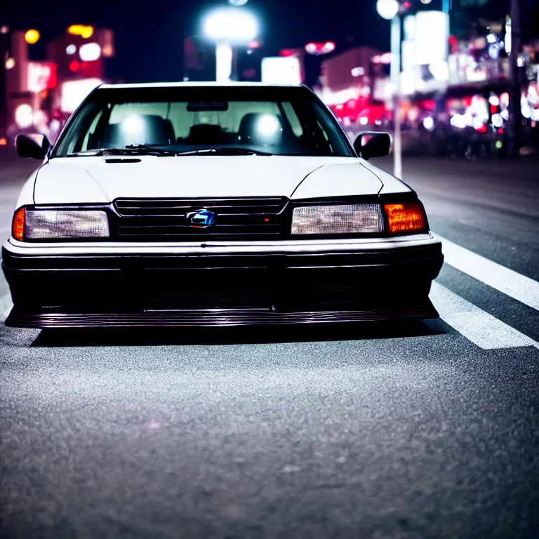 Image similar to close-up-photo Toyota chaser turbo illegal roadside night meet, work-wheels, Shibuya shibuya, cinematic color, photorealistic, deep dish wheels, highly detailed night photography