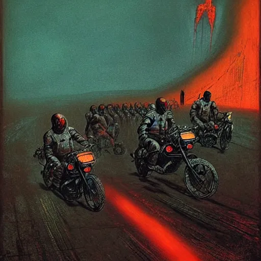 Prompt: motorbikers race in hell, by beksinski and tristan eaton, dark neon trimmed beautiful dystopian digital art
