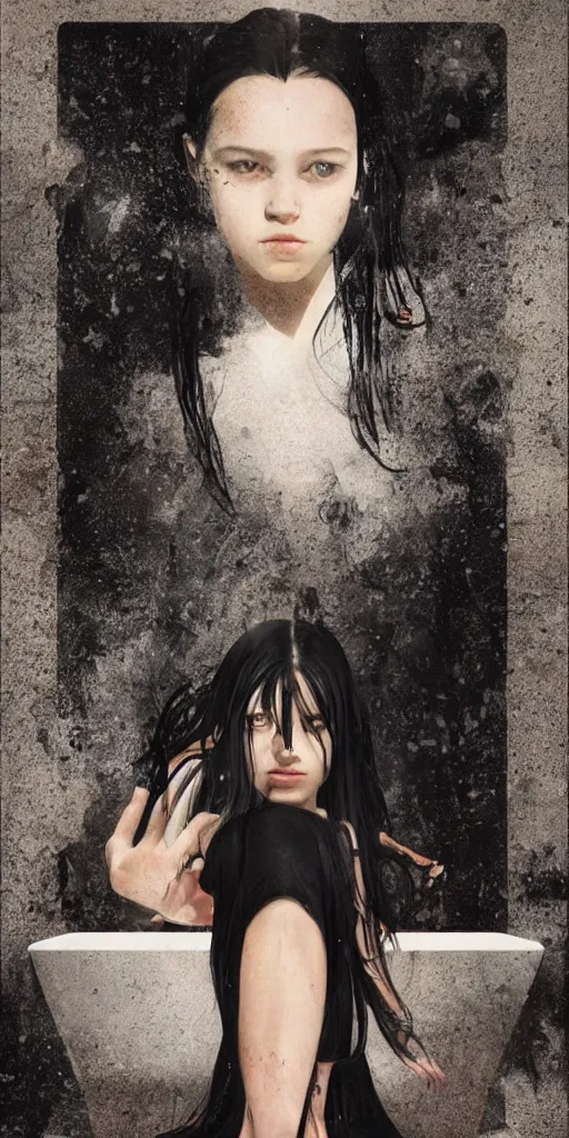 Image similar to character poster of young girl with straight long black hair wearing black dress sitting in bathroom floor, poster by artgem, greg rutkowski and mario testino