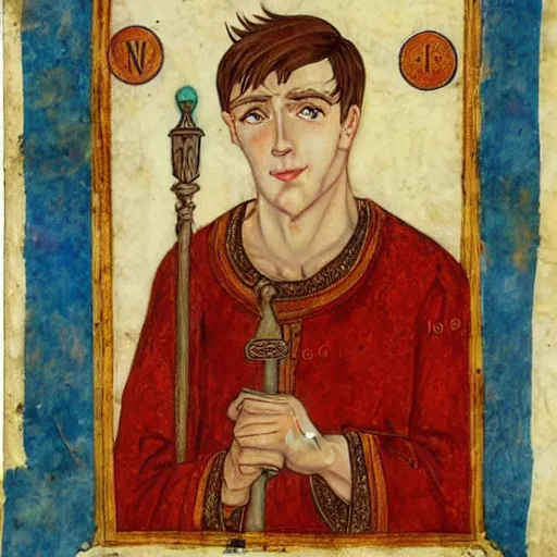 Image similar to clean shaven 1 9 year old young man with auburn hair and lots of freckles, regal hero of byzantium, illuminated manuscript, 2 d, good, moody lighting, medieval parchment, elegant, ornate