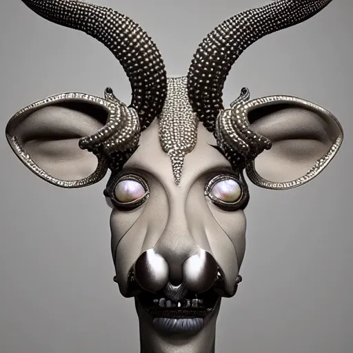 Image similar to kudu mask made of pearl beads : by michal karcz, daniel merriam, victo ngai and guillermo del toro : ornate, dynamic, particulate, intricate, elegant, highly detailed, centered, artstation, smooth, sharp focus, octane render