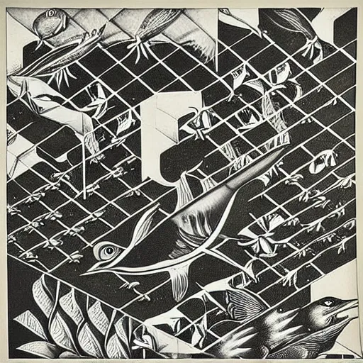 Prompt: “MC Escher tiling of the plane. Birds and Fishes. Lithograph”