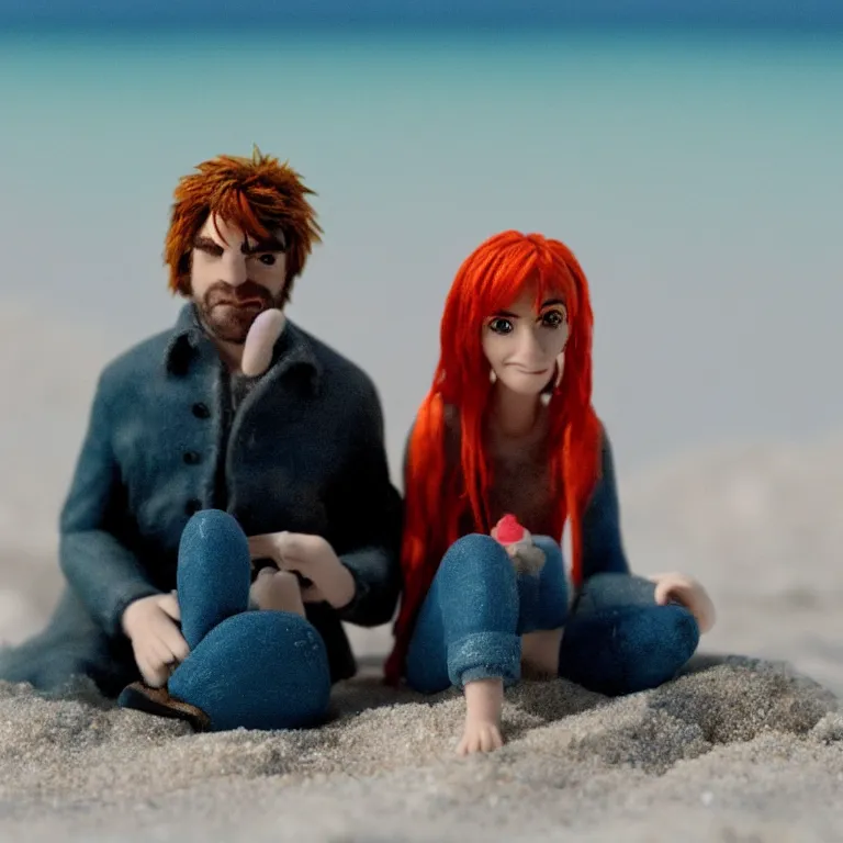 Prompt: a cinematic film still of a claymation stop motion film eternal sunshine of the spotless mind joel and clementine on the beach, shallow depth of field, 8 0 mm, f 1. 8