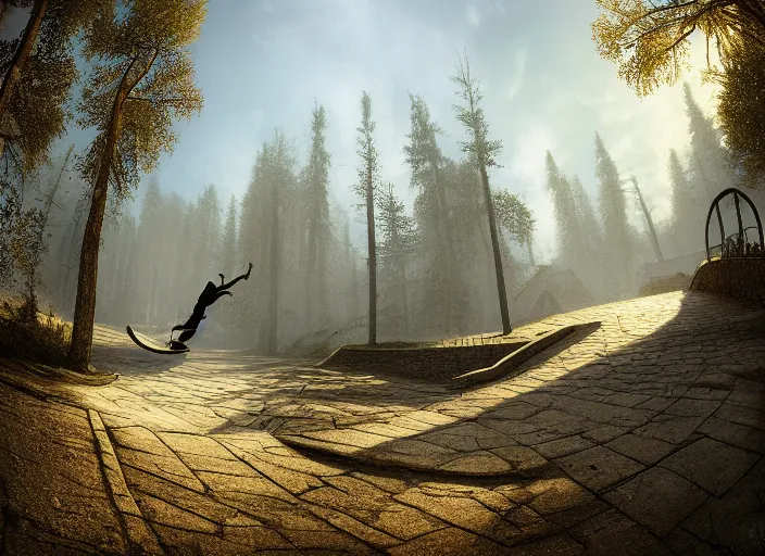 Prompt: a detailed beautiful matte painting of a skateboarder, kick flip, fantasy Riverwood village from The Elder Scrolls V: Skyrim, log homes, dirt road, trees by Mikko Lagerstedt and Raphael Lacoste, fisheye lens