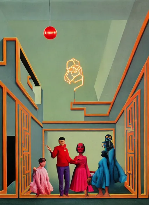 Image similar to painting of a gucci costumed family being shown how to open magic portals by a large glowing alien in their suburban living room maze, designed by gucci and wes anderson, energetic glowing orbs in the air, in the style of edward hopper, james jean, and mc. escher