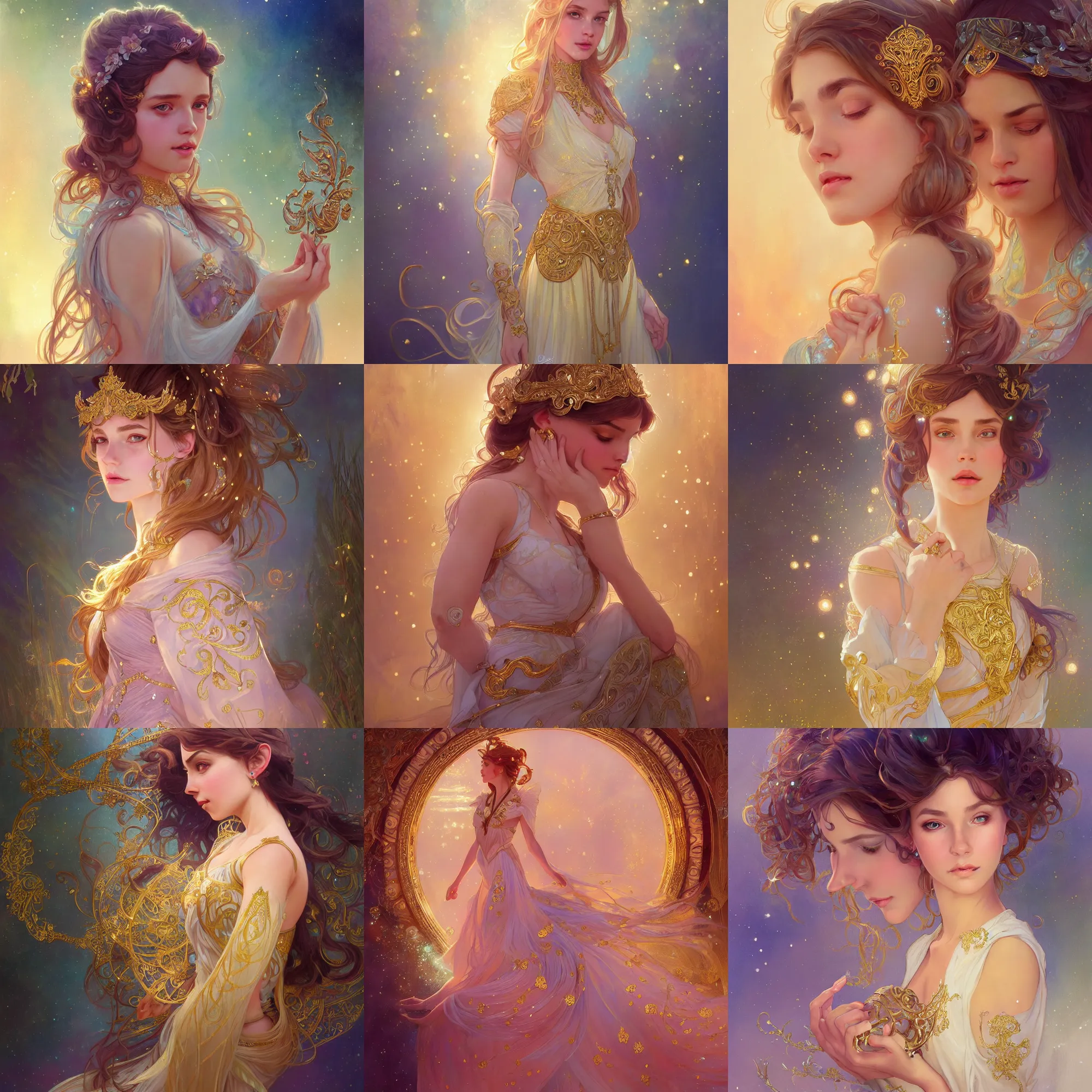 Prompt: beautiful princess with sparkling eyes, full body portrait, highly detailed, gold filigree, fantasy, soft cinematic lighting, award, disney concept art, watercolor illustration by mandy jurgens and alphonse mucha and alena aenami, pastel color palette, featured on artstation