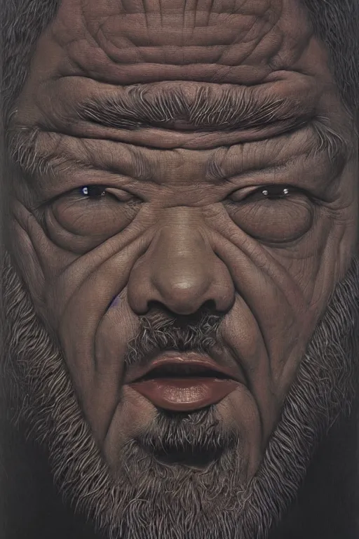 Prompt: ascii, hyperrealism oil painting, close - up portrait of a scary ai weiwei with ten eyes and mandibles, in style of baroque zdzislaw beksinski