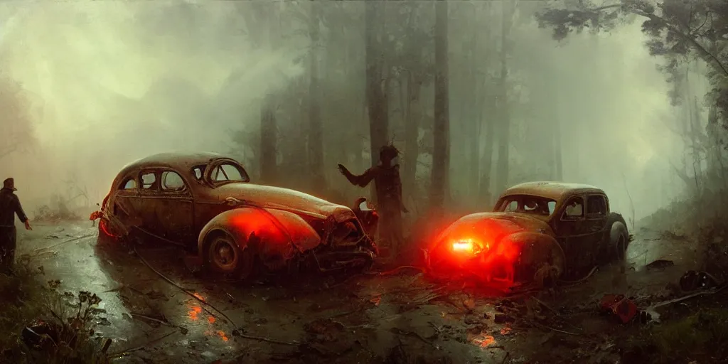 Image similar to a crashed car on a mountain road in 1 9 4 0 with red light on, sunny day, a men stand up next to the car, mystical orange fog, oil on canvas, art by andreas achenbach, clemens ascher, tom bagshaw and sabbas apterus,