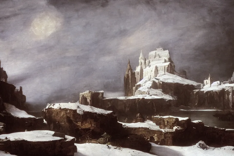 Prompt: The Red Citadel, elven palace of Ghemathar, resting atilt in a snowy iceberg. Ice, blizzard, January, high detail, oil on canvas, by Caravaggio