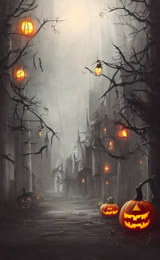 Image similar to a creepy and eery Halloween setting, with Jack o lanterns on the street and ghost roaming around, dynamic lighting, photorealistic fantasy concept art, stunning visuals, creative, cinematic, ultra detailed, trending on art station, spooky vibe