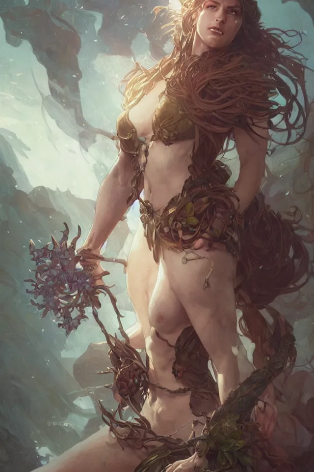 Image similar to female druid, muscular, fantasy, D&D, portrait, highly detailed, digital painting, artstation, concept art, sharp focus, illustration, art by artgerm and greg rutkowski and alphonse mucha