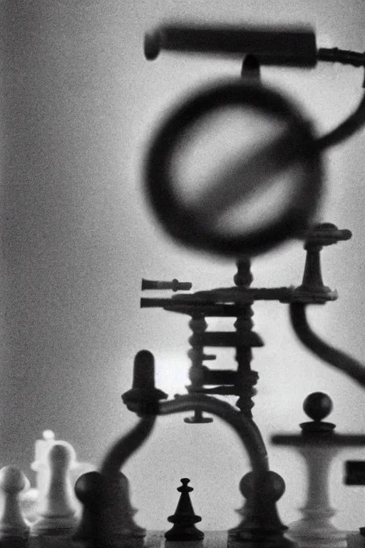 Image similar to a close-up portrait of Marcel Duchamp's industrial chess-piece-building machine in the style of Hito Steyerl and Shinya Tsukamoto and Irving Penn and Robert Frank, minimal contraption