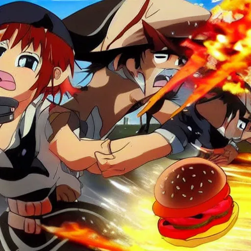 Prompt: a hamburger fighting in a war, anime, fight scene, epic,