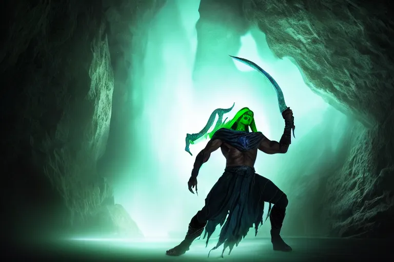 Prompt: vfx film, soul reaver, raziel irl, price of persia movie, missing jaw, hero pose, devouring magic souls, glowing green soul blade, in epic ancient sacred huge cave temple, flat color profile low - key lighting award winning photography arri alexa cinematography, hyper real photorealistic cinematic beautiful, atmospheric cool colorgrade