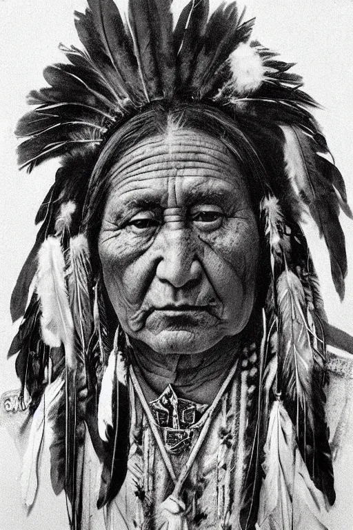 Image similar to “Native American indian, chief sitting bull, portrait, wearing headdress with feathers, pain and sadness on his face, drawn with charcoal pencil, ancient”