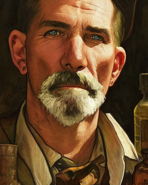 Image similar to medium shot portrait of an Appalachian bootlegger with detailed features and a moonshining still in the background, moonshine jars, dirt, Appalachian mountains, sharp focus, illustration, highly detailed, oil painting, matte, art by Greg Rutkowski and Alphonse Mucha, masterpiece