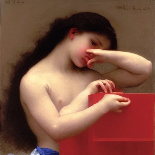 Image similar to Angel crying on top of a red cube made out of water, tears falling from eyes, oil painting by William-Adolphe Bouguereau