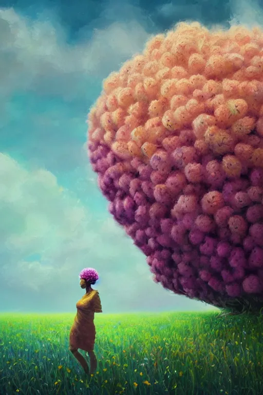 Image similar to closeup, giant flower head, black woman in heather field, surreal photography, starlight, storm clouds, impressionist painting, digital painting, artstation, simon stalenhag