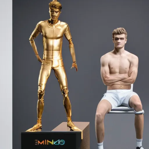 Image similar to a realistic detailed photo of a guy who is an attractive humanoid who is half robot and half humanoid, who is a male android, soccer players martin ødegaard & timo werner, shiny skin, posing like a statue, blank stare, in a living room, on display, showing off his muscles, gold soccer shorts, side view, repairing the other one