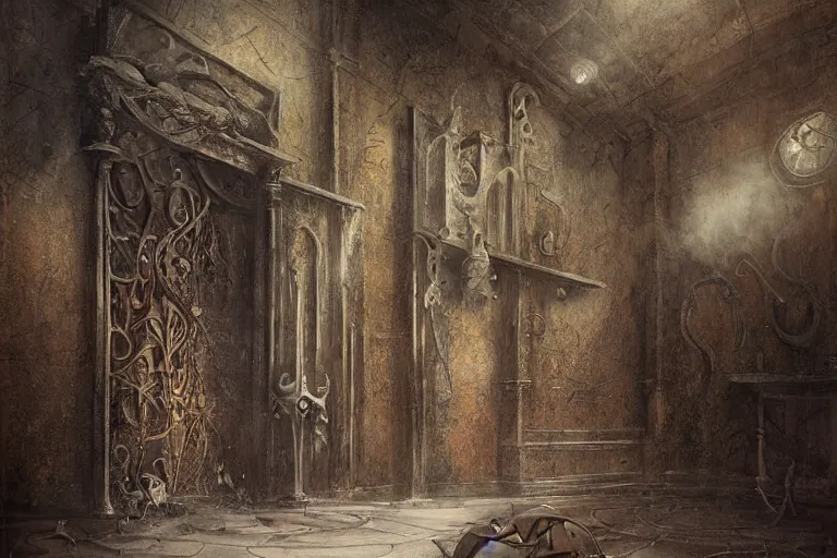 Image similar to still life of a cursed baroque oud with ebony inlay, designed by brian froud and hr giger leans against the wall alone, abandoned. an empty brutalist chamber, lonely, somber, a thin wisp of smoke rises from the lute. late afternoon lighting cinematic fantasy painting by jessica rossier