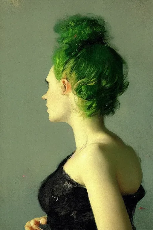 Prompt: creepy portrait of a beautiful sad victorian woman with green hair by denis forkas kostromitin