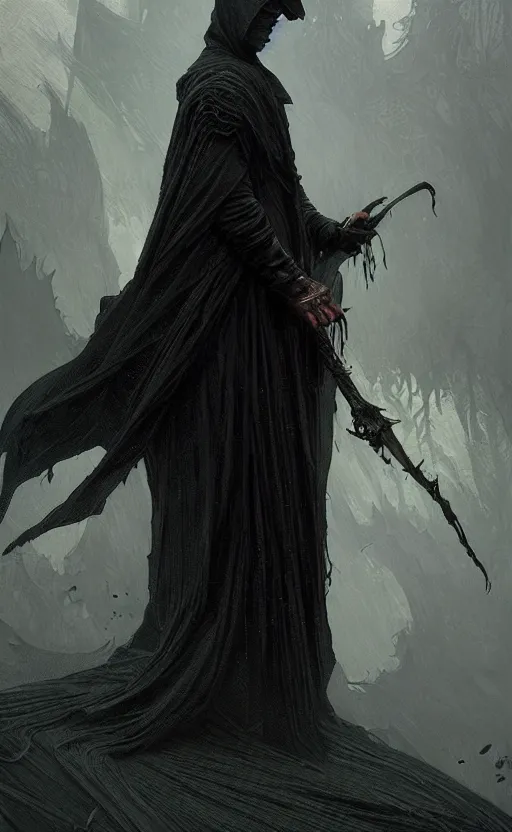 Image similar to Thin roguish man wearing a black cloak made of very thousands of thin strips of cloth that decay into mist, fantasy, highly detailed, digital painting, artstation, concept art, smooth, sharp focus, illustration, art by artgerm and greg rutkowski and alphonse mucha