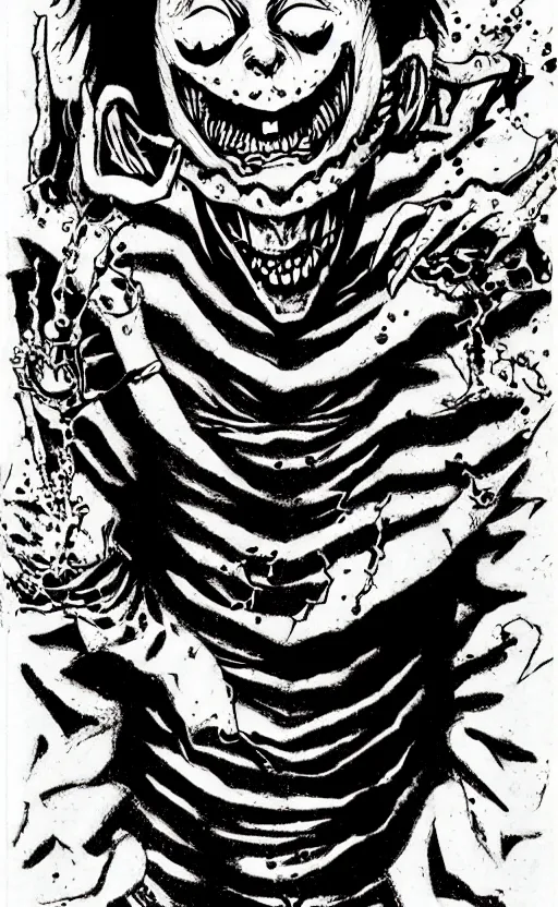 Image similar to full body portrait of villainous jester, dark, twisted, manga, comic, by junji ito. twisted. horror.