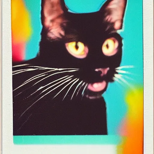 Image similar to black cat on a rollercoaster. happy. sunlight. polaroid photo. bright colors.