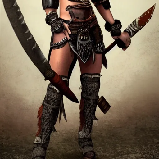 Image similar to full body photo of a skinny female barbarian warrior