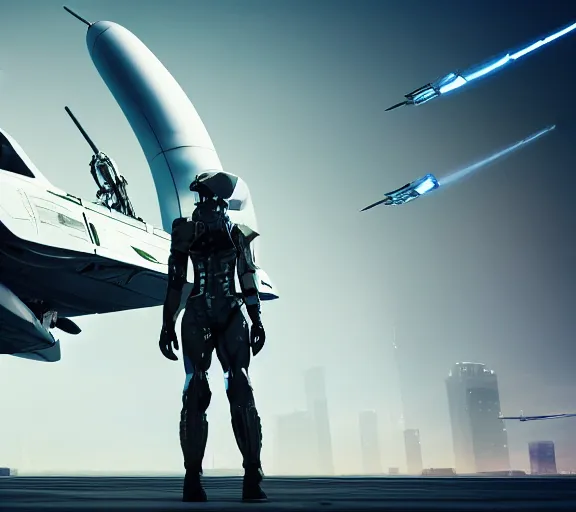 Image similar to fighter pilot stands beside futuristic sci fi fighter jet landed at runway of cyberpunk city ,dark cinematic lighting , digital concept art