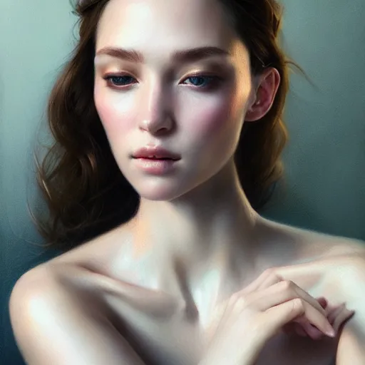 Image similar to half body portrait of tiffany, hyperrealism, beauty, intricate detail, photo by greg rutkowski, elegance, soft lighting, sharp focus