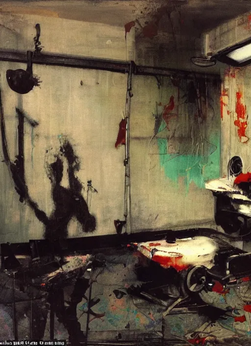 Image similar to two dark figures laughing inside a decayed Romanian motel room with large surgical machine in the middle, in the style of Adrian ghenie, and Francis bacon, part by Gerhard Richter, part Edward Hopper and part Norman Rockwell, highly detailed, very coherent, rich colours