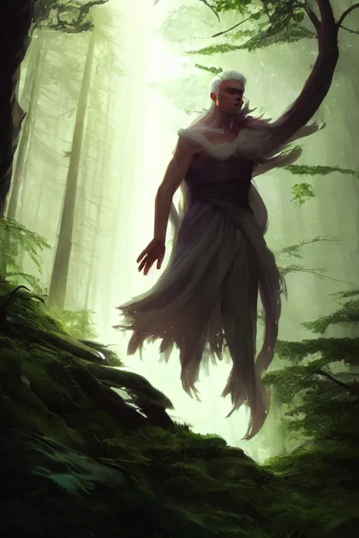 Prompt: a human elemental sorcerer, forest setting, colorful magic, male, white skin, young, sharp focus, concept art, dynamic lighting, unreal engine, by greg rutkowski, emylie boivin and kyle herring