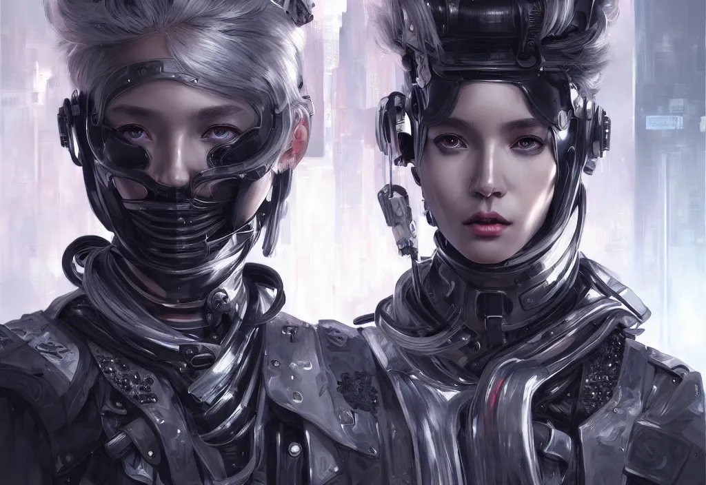 Image similar to portrait holy medium grey hair of futuristic police girl, black armored uniform, at futuristic cyberpunk tokyo night, ssci - fi and fantasy, intricate and very very very beautiful, highly detailed, digital painting, artstation, concept art, smooth and sharp focus, illustration, art by tian zi and wlop and alphonse mucha