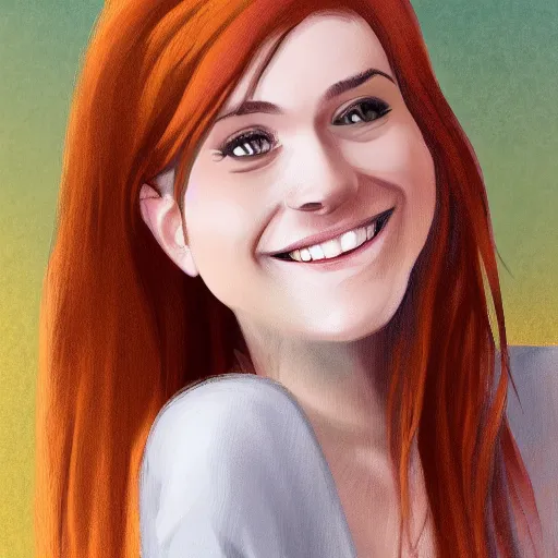 Prompt: Fullbody picture of Young woman with auburn hair looking into the camera and smiling slightly, digital painting, 8k
